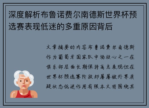 深度解析布鲁诺费尔南德斯世界杯预选赛表现低迷的多重原因背后